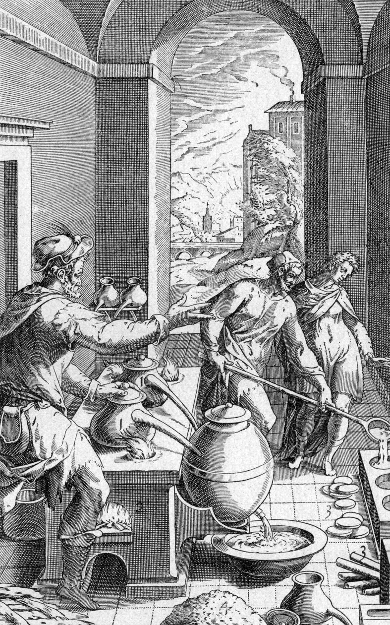 Alchemik w swoim warsztacie, rycina z Metallotheca Michele Mercati (1541-1593) wyd. 1719 autorstwa Michael Mercator