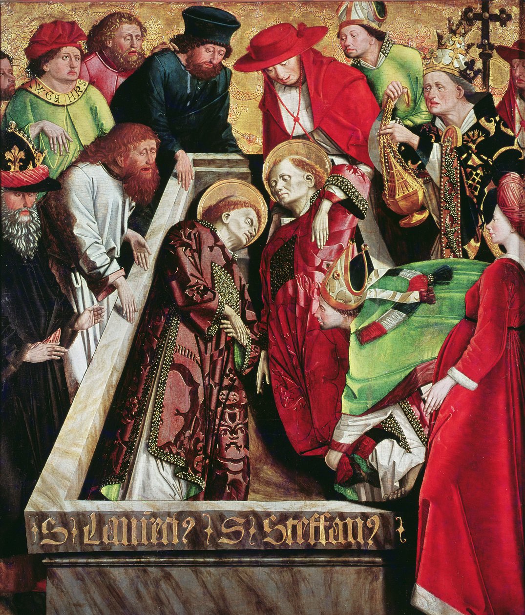 Złożenie do grobu św. Szczepana i św. Wawrzyńca w Rzymie, z ołtarza św. Szczepana, ok. 1470 autorstwa Michael Pacher
