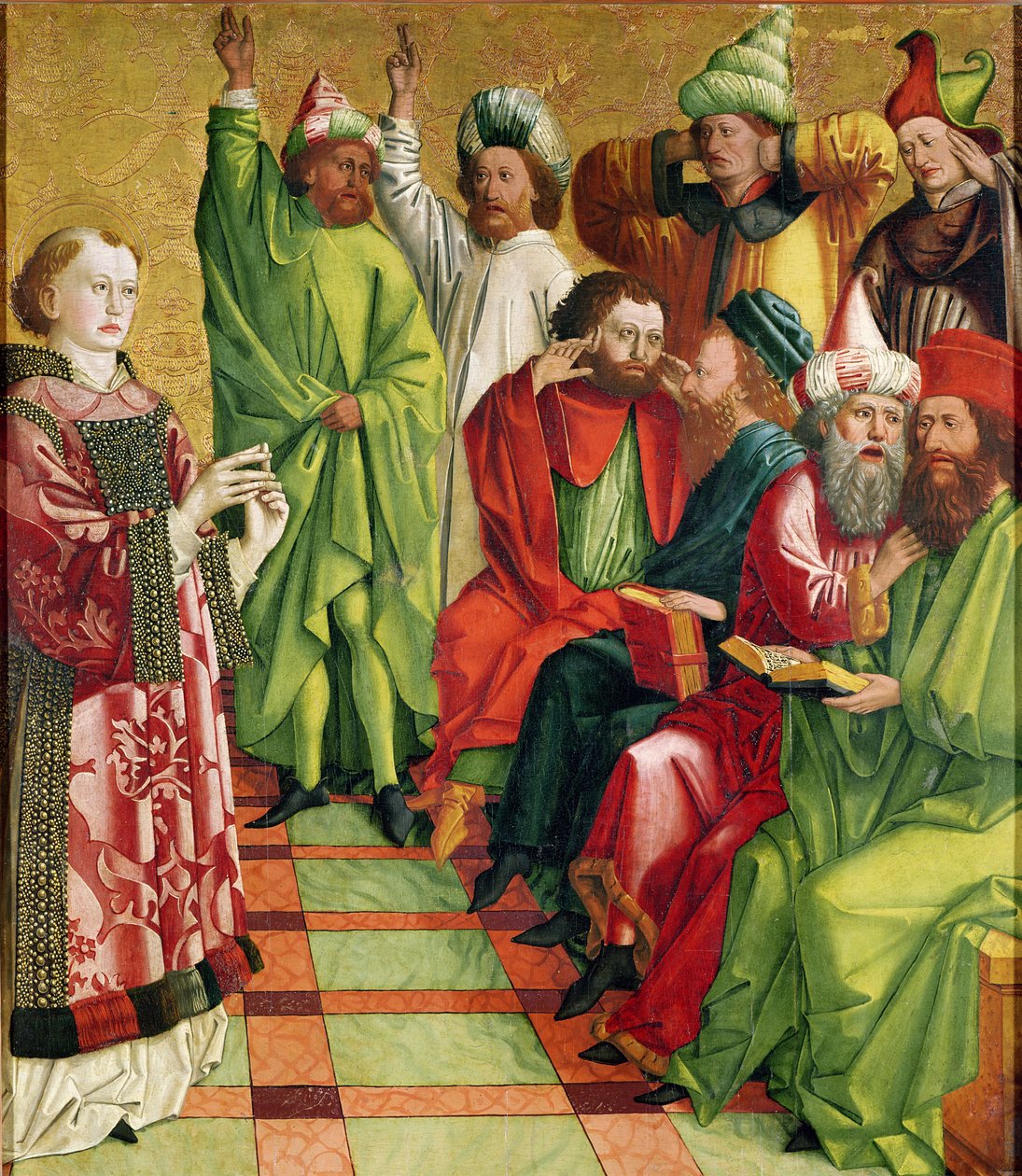 Św. Szczepan przed sędziami, z Ołtarza Św. Szczepana, ok.1470 autorstwa Michael Pacher