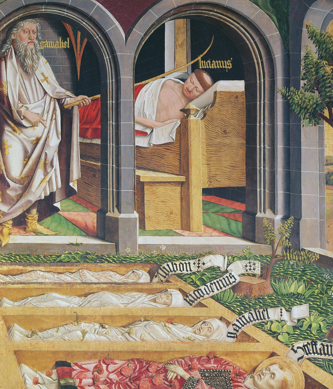 پادری، لوسیین ته د ګمالیل ښکاره کول، د سینټ سټیفن د قربانۍ څخه، c.1470 پولی autorstwa Michael Pacher