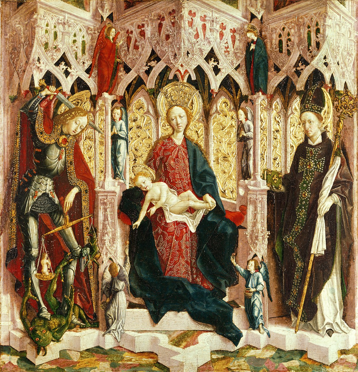 Panna z Dzieciątkiem na tronie, ok. 1475 (olej na jodle pospolitej) autorstwa Michael Pacher