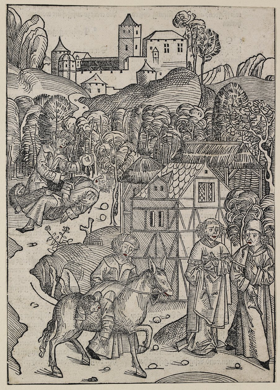 Druga część przypowieści o dobrym Samarytaninie, ok. 1491 (drzeworyt, uzupełniony czerwoną akwarelą, verso typografia) autorstwa Michael Wolgemut
