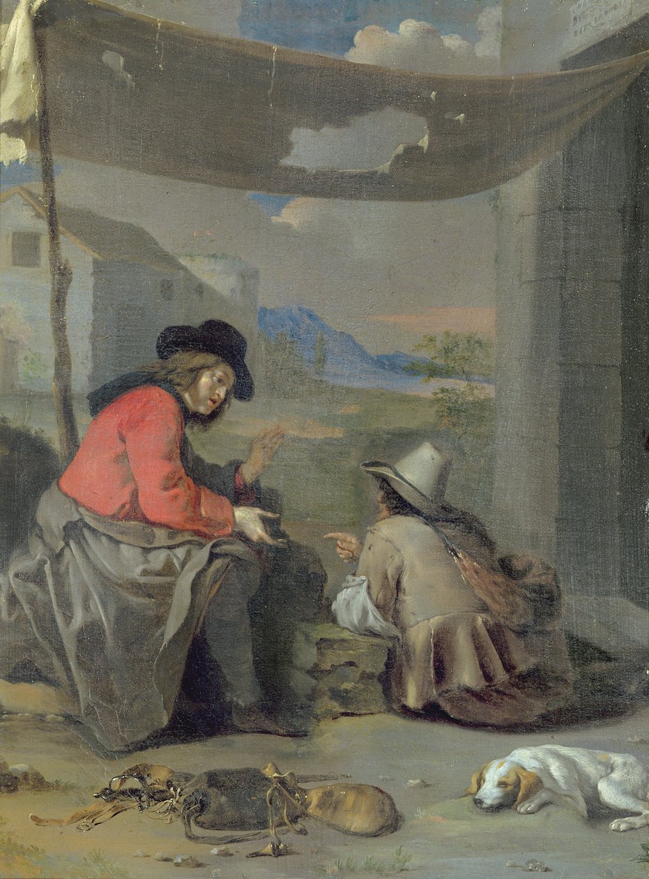 Dwie postacie siedzące z psem (olej na pokładzie) autorstwa Michael (attr. to) Sweerts