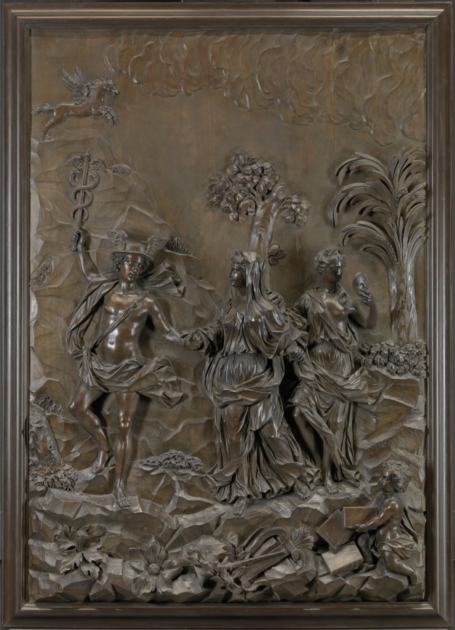 The Stowe Reliefs: Merkury prowadzący tragiczną i komiczną poezję na wzgórze Parnas, ok. 1740 (brązowa lipa) autorstwa Michael (attr.to) Chuke