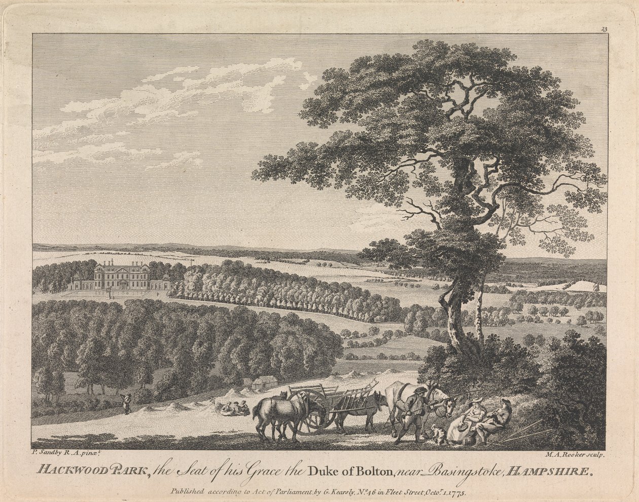 Hackwood Park, siedziba jego łaski księcia Bolton w pobliżu Basingstoke, Hampshire (opublikowane przez G. Kearsly); strona 19 (tom drugi) autorstwa Michael Angelo Rooker