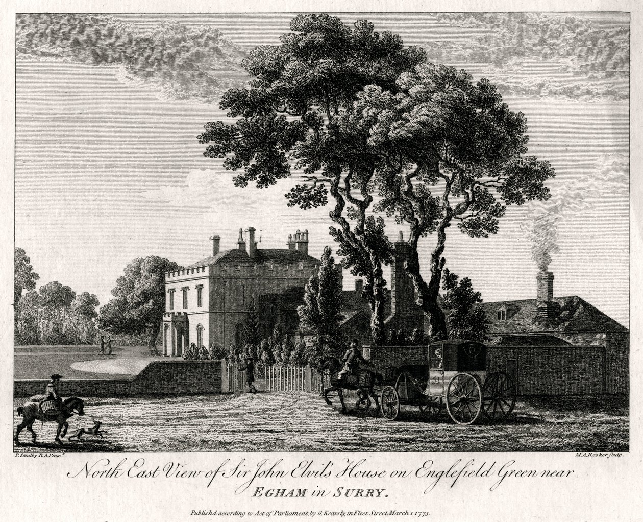 North East Widok domu Sir Johna Elvilsa na Englefield Green w pobliżu Egham w Surry, 1775 autorstwa Michael Angelo Rooker