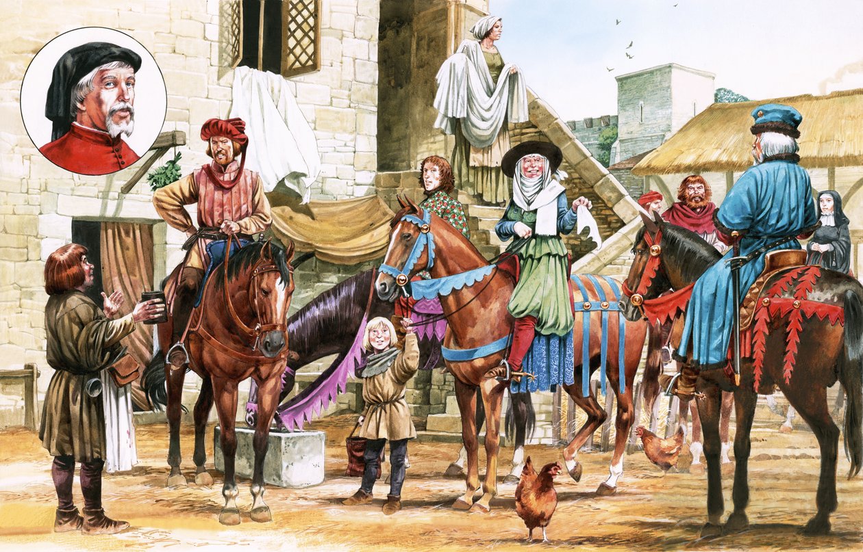 Opowieści kanterberyjskie. Pielgrzymi wyruszający z Tabard Inn. autorstwa Michael Godfrey