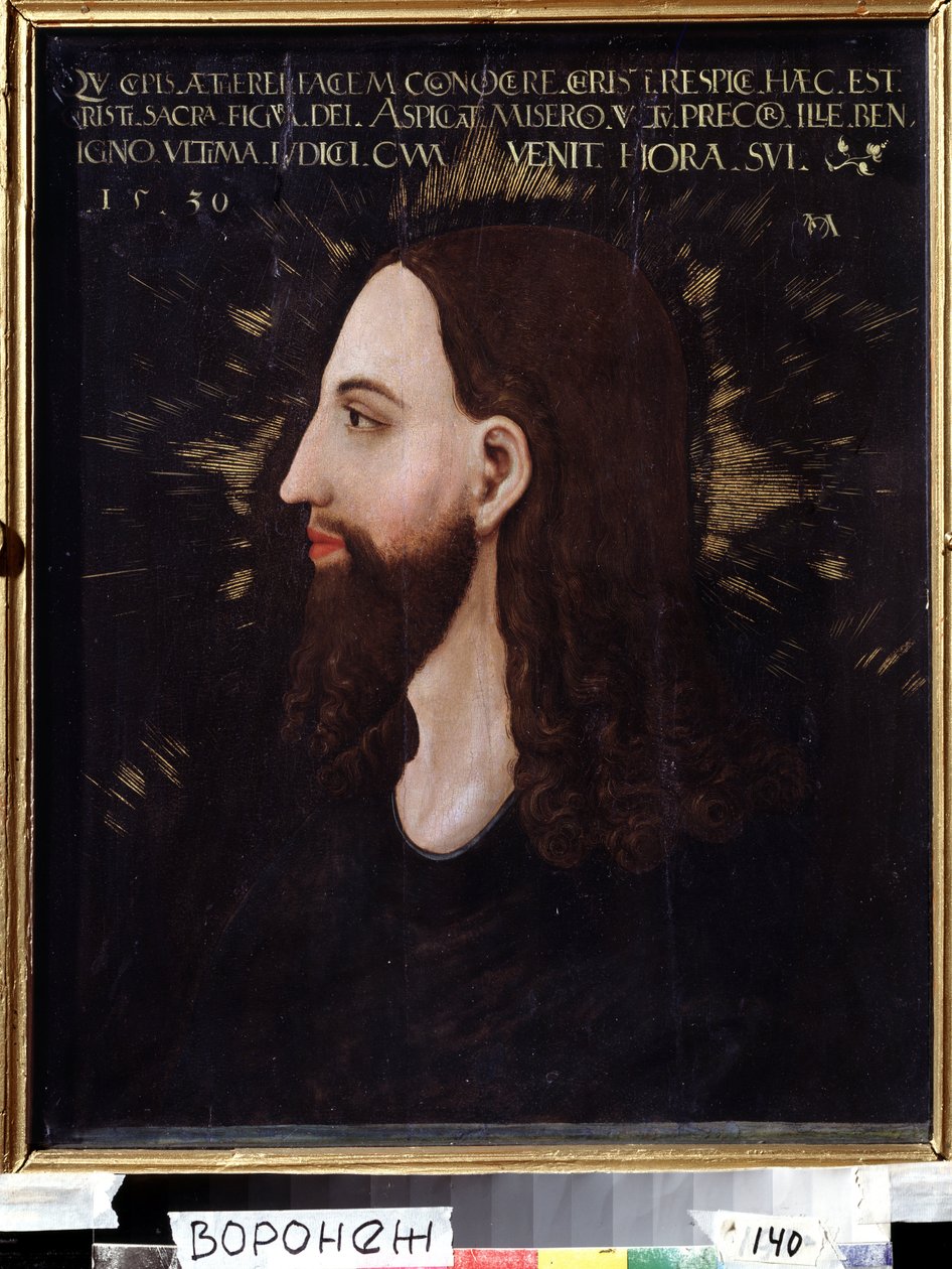 Portret Chrystusa. Profil twarzy Jezusa Chrystusa otoczony świetlistą aureolą. Obraz Michaela Ostendorfera autorstwa Michael Ostendorfer