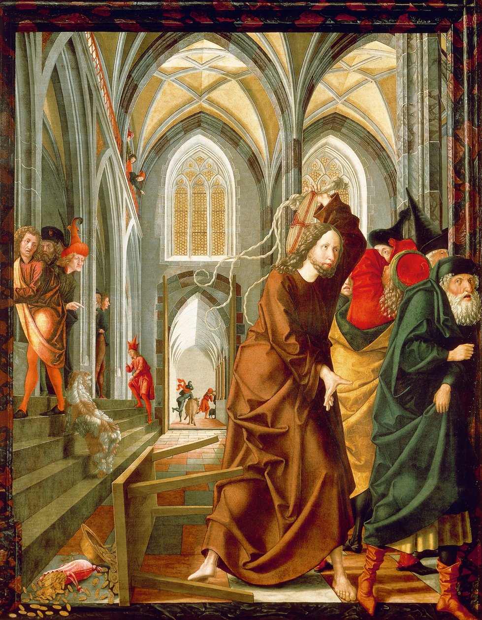 Chrystus wypędza kupców ze Świątyni, panel z Opowieści o Chrystusie, Ołtarz św. Wolfganga autorstwa Michael Pacher