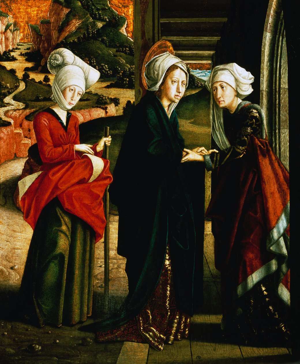 Nawiedzenie Maryi, dolny panel Sceny z życia Chrystusa, Ołtarz św. Wolfganga, kaplica św. Wolfganga, St. Wolfgang im Salzkammergut, Austria autorstwa Michael Pacher