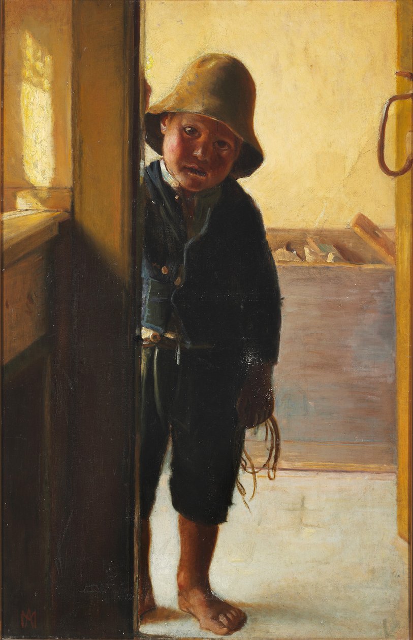 Syn rybaka wyglądający przez drzwi. autorstwa Michael Peter Ancher