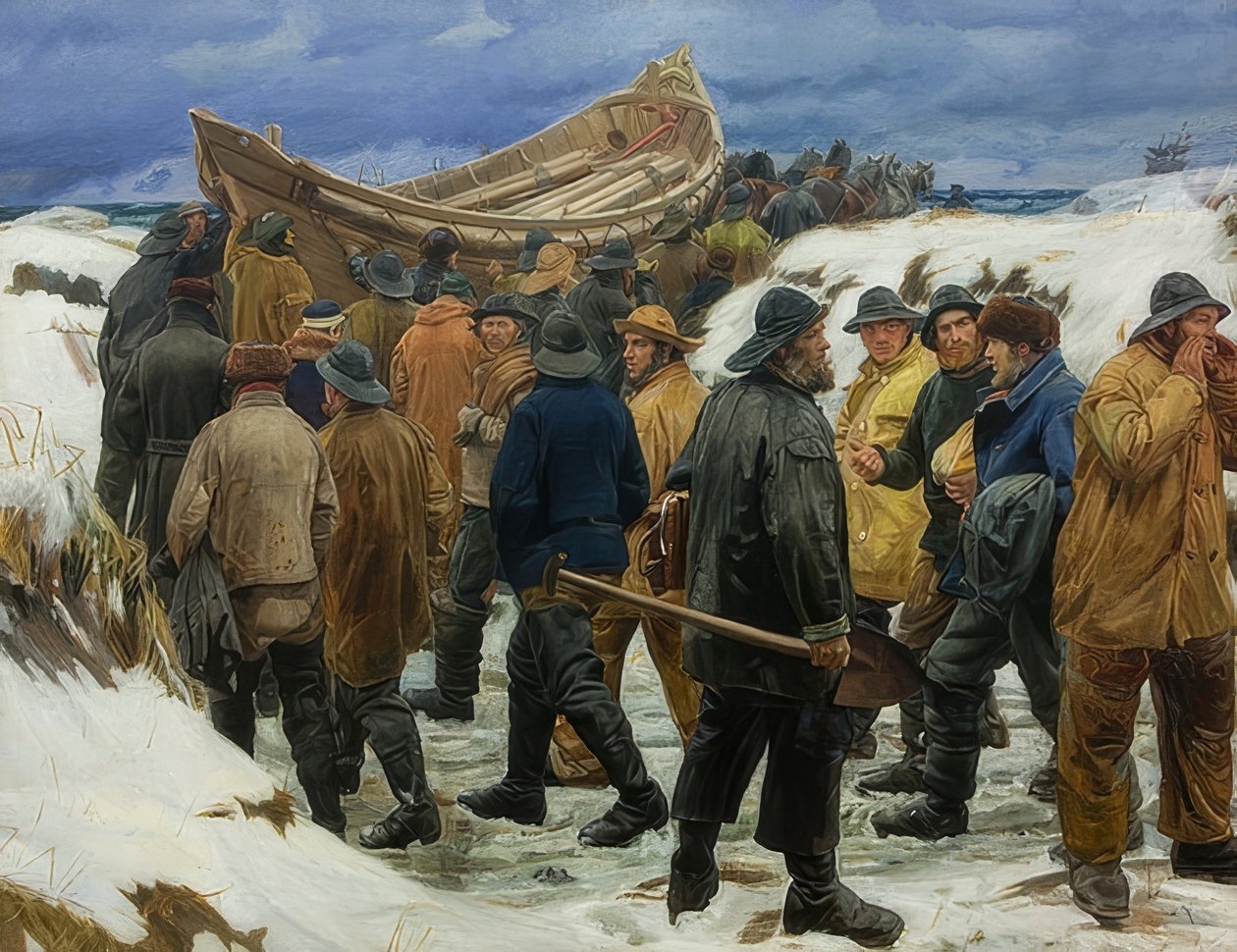 Łódź ratunkowa płynie przez wydmy. 1883 autorstwa Michael Peter Ancher
