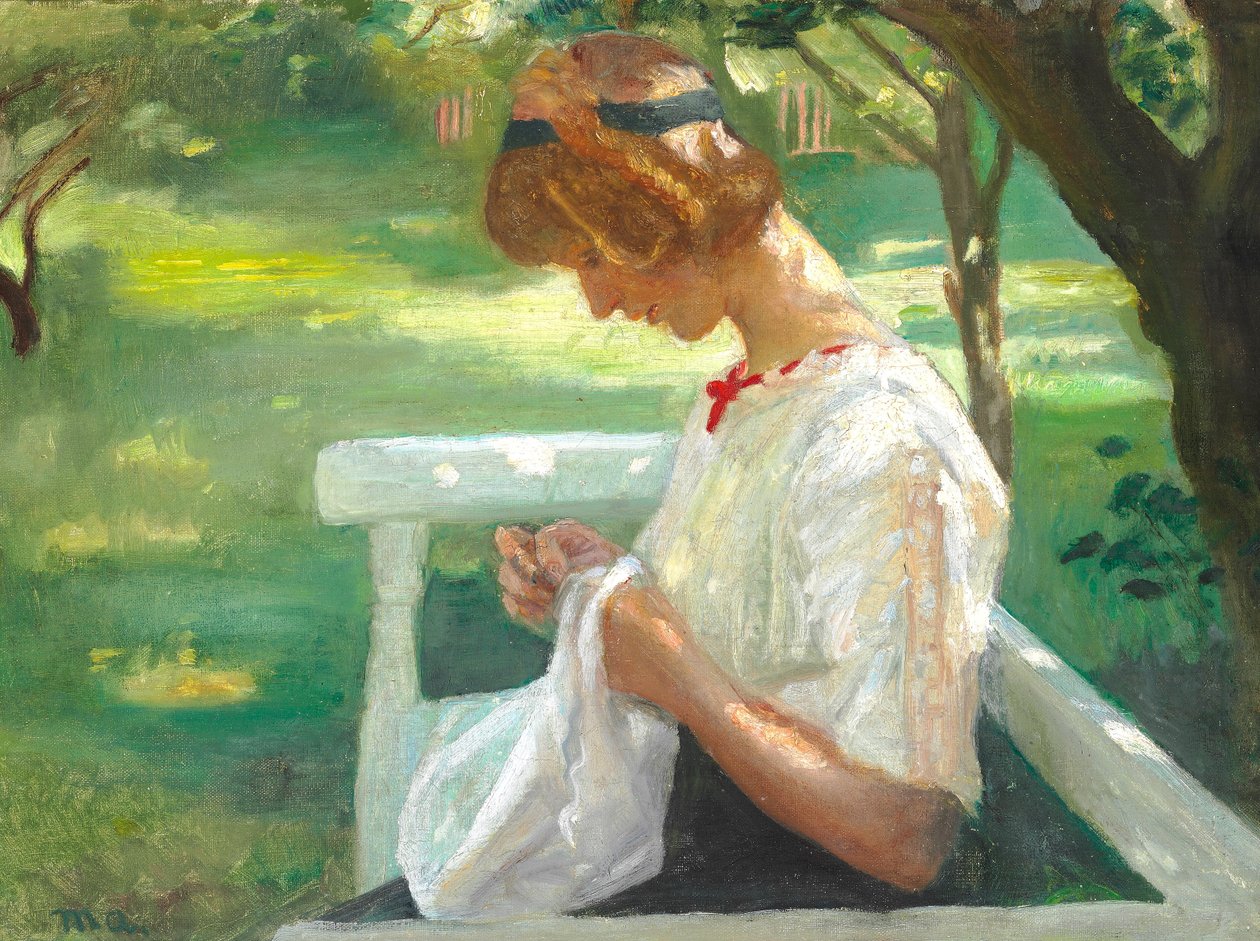 Ella Saxild szyje w ogrodzie w letni dzień. autorstwa Michael Peter Ancher