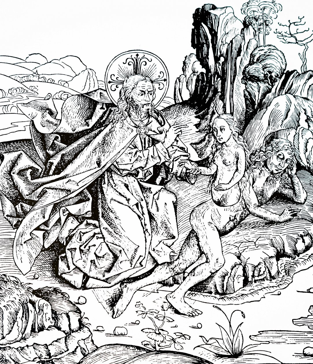 Stworzenie Adama i Ewy z Kroniki Norymberskiej autorstwa Michael & Pleydenwurff W. (d.1494) Wolgemuth
