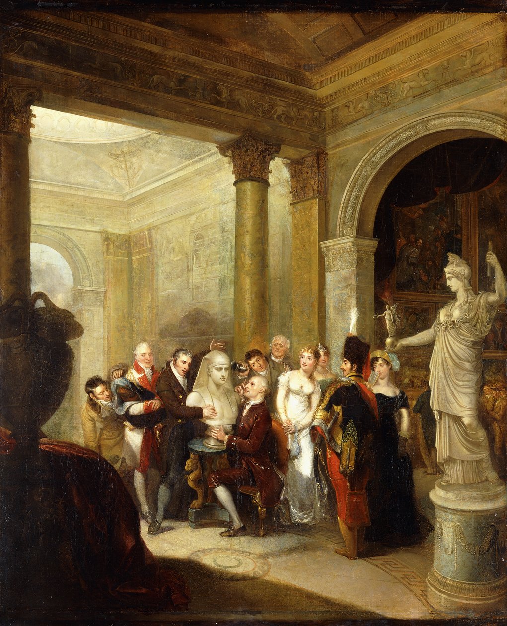 Wnętrze Capriccio z grupą pań i panów oglądających popiersie Antinousa, z Ateną Nadziei i Galerią Obrazów po prawej stronie; po lewej salon z kopułą, 1811 autorstwa Michael William Sharp
