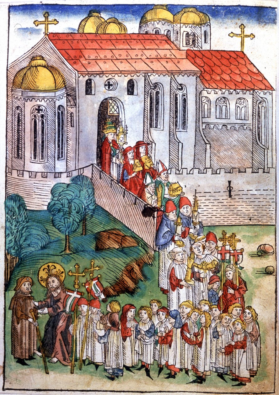 Pielgrzymka do św. Jakuba z Compostelle, rycina, koniec XV wieku autorstwa Michael Wohlgemuth