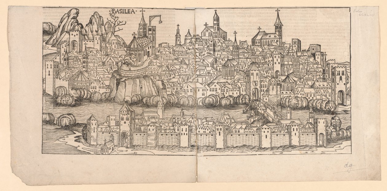 Kronika norymberska: Topographic View of Basele, Szwajcaria, 1493. autorstwa Michael Wolgemut