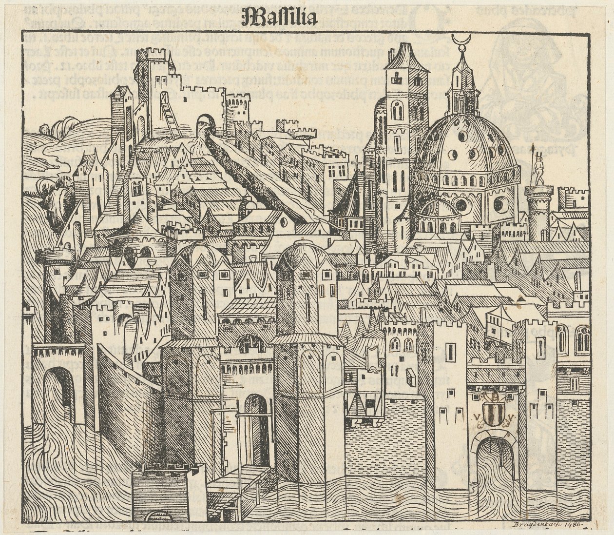Phantasieansicht der Stadt Marseille [recto], drei Porträts (Phereades, Pythagoras und Sappho) [verso] autorstwa Michael Wolgemut