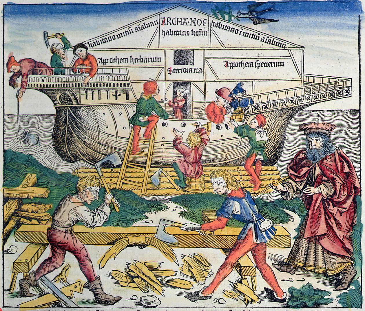 Budowa Arki Noego, z Kroniki Norymberskiej Hartmanna Schedla, 1493 (kolorowy drzeworyt) autorstwa Michael Wolgemut