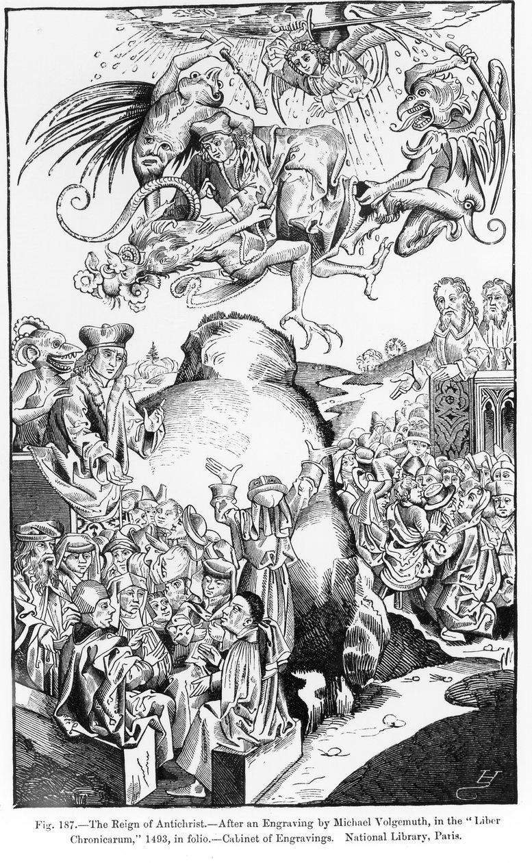 The Reign of Antichrist, z Liber Chronicarum, opublikowanego w 1493 roku, ilustracja z, Science and Literature in the Middle Ages and Renaissance, napisana i wyryta przez Paula Lacroix, 1878 (ryc. autorstwa Michael Wolgemut