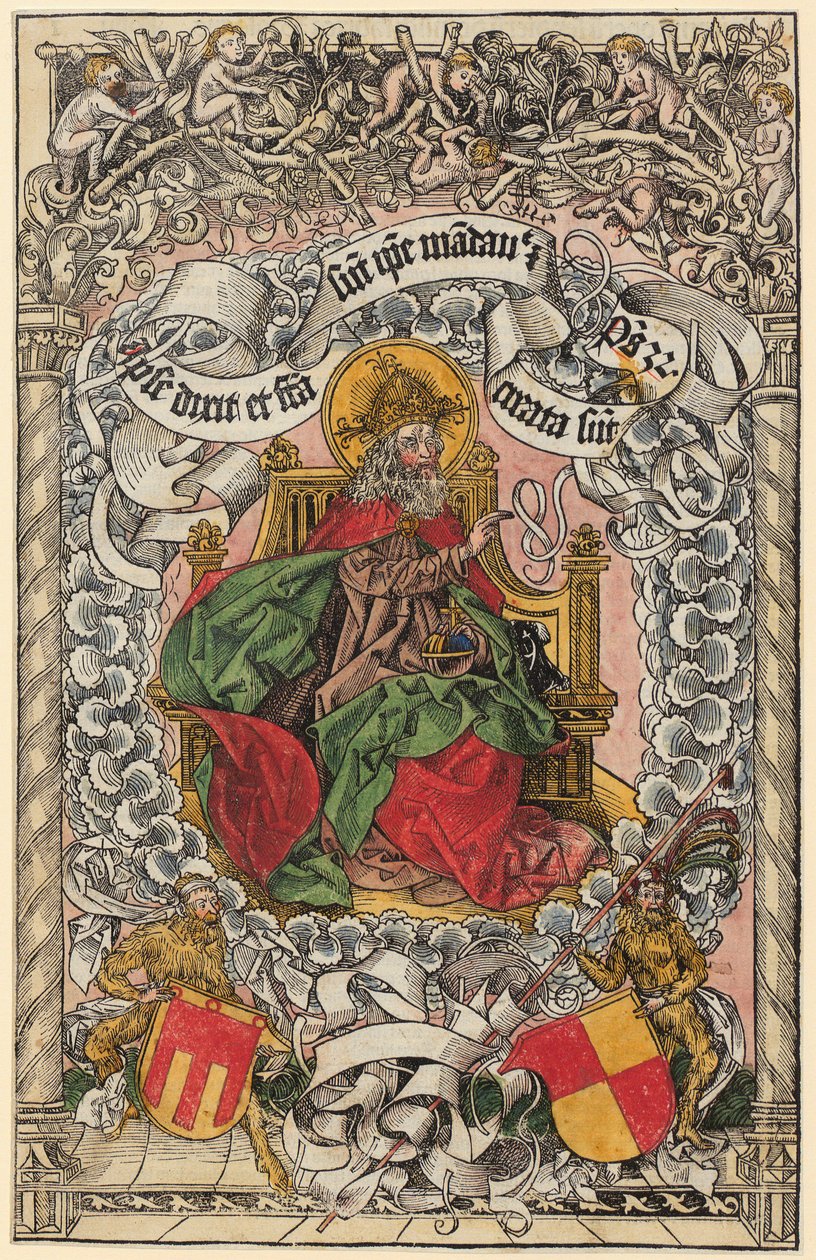 Titelholzschnitt mit Gottvater auf dem himmlischen Thron, die Hand segnend erhoben autorstwa Michael Wolgemut