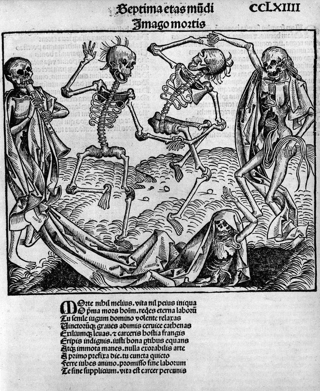 Makabryczna scena taneczna, ze szkieletami, w „Kronikach Norymbergi” Hartmanna Schedla (1440-1514), zredagowanej w Norymberdze przez Antona Kobergera, 12 lipca autorstwa Michael and Pleydenwurff W. (d.1494) Wolgemuth