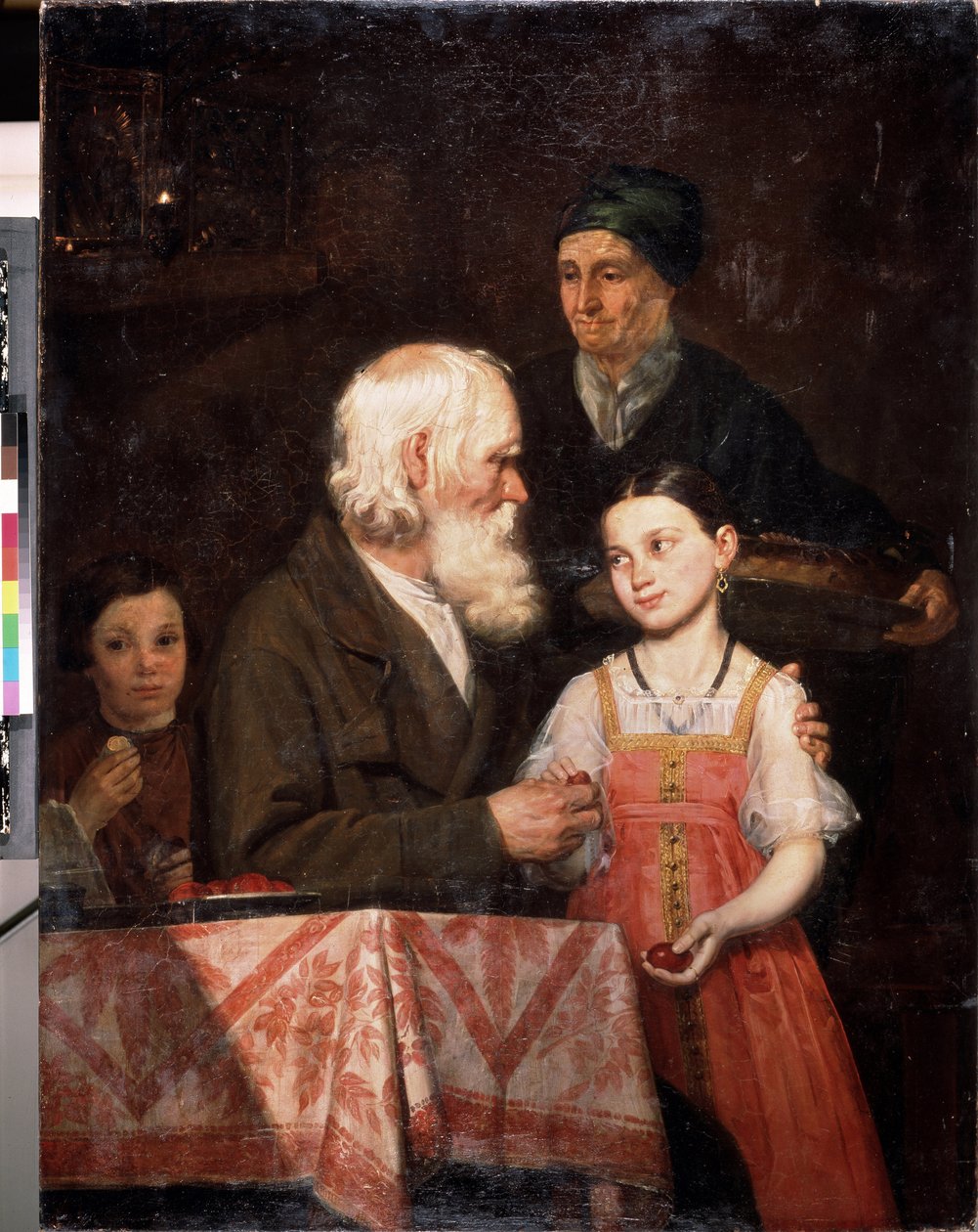 Wielkanoc. Stary człowiek daje wnuczce ufarbowane na czerwono jajka, babcia przynosi tradycyjną brioszkę wielkanocną. Obraz Michail Andreevich Mokhov (1819-1903), olej na płótnie autorstwa Michail Andreevich Mokhov