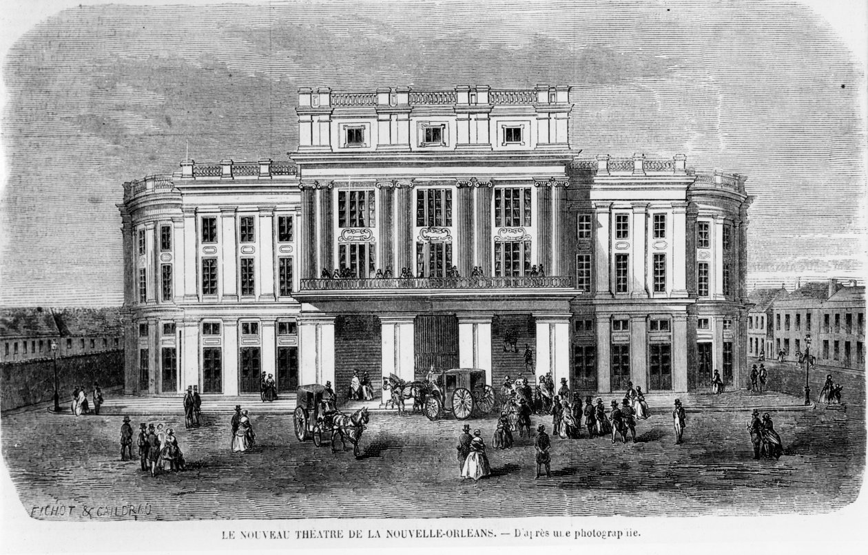 Nowy Teatr w Nowym Orleanie, ryty na podstawie fotografii, 1859 autorstwa Michel C. and Gaildrau, Jules Fichot