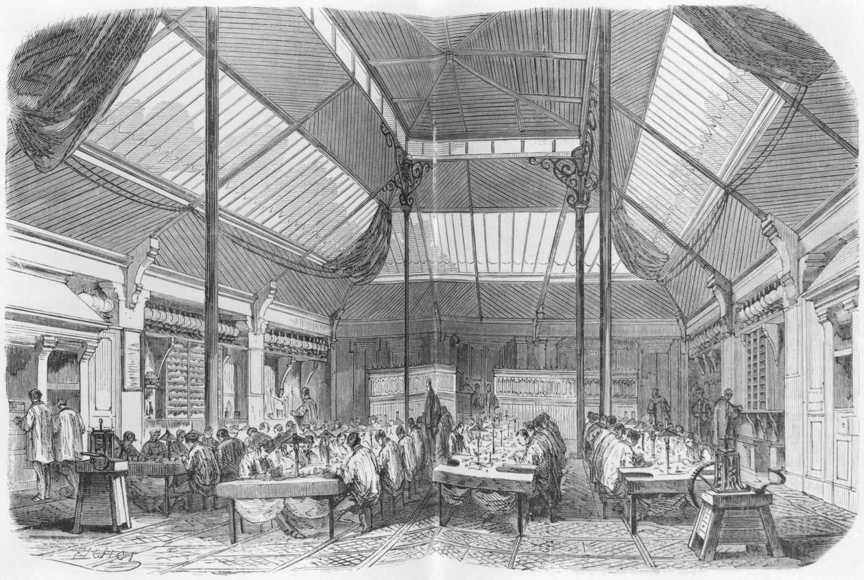 Warsztaty jubilerskie w okresie II Cesarstwa, ilustracja z „Les Grandes Usines” Juliena Turgana, ok.1880 autorstwa Michel Charles Fichot