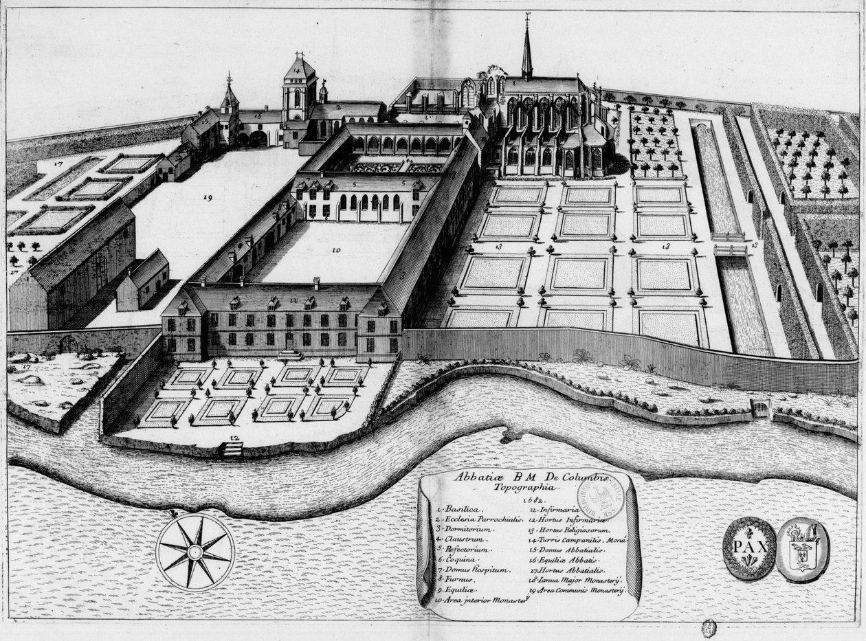 XVII-wieczna grawerowana tabliczka przedstawiająca opactwo Notre-Dame de Coulombs, w księdze Monasticon Gallicanum autorstwa Michel Germain
