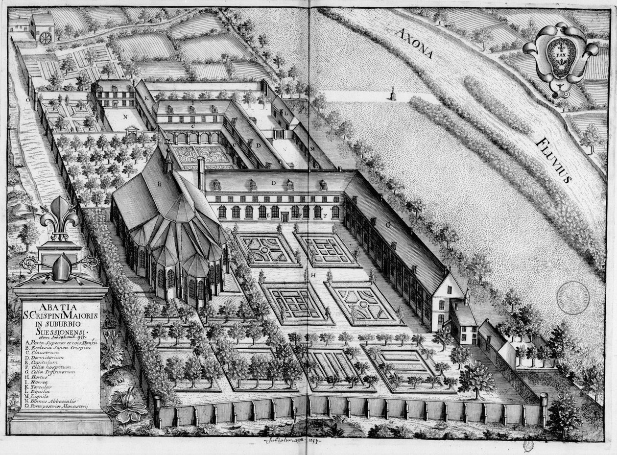 Grawerowana tablica z XVII wieku przedstawiająca opactwo Saint-Crépin-Le-Grand de Soissons, w księdze Monasticon Gallicanum autorstwa Michel Germain