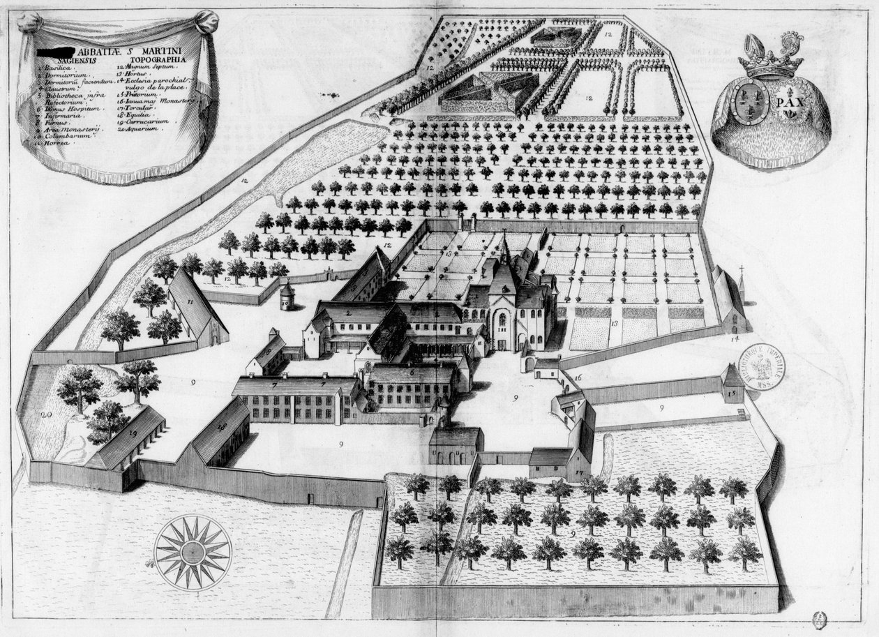 Grawerowana tablica z XVII wieku przedstawiająca opactwo św. Marcina de Sées, w księdze Monasticon Gallicanum autorstwa Michel Germain