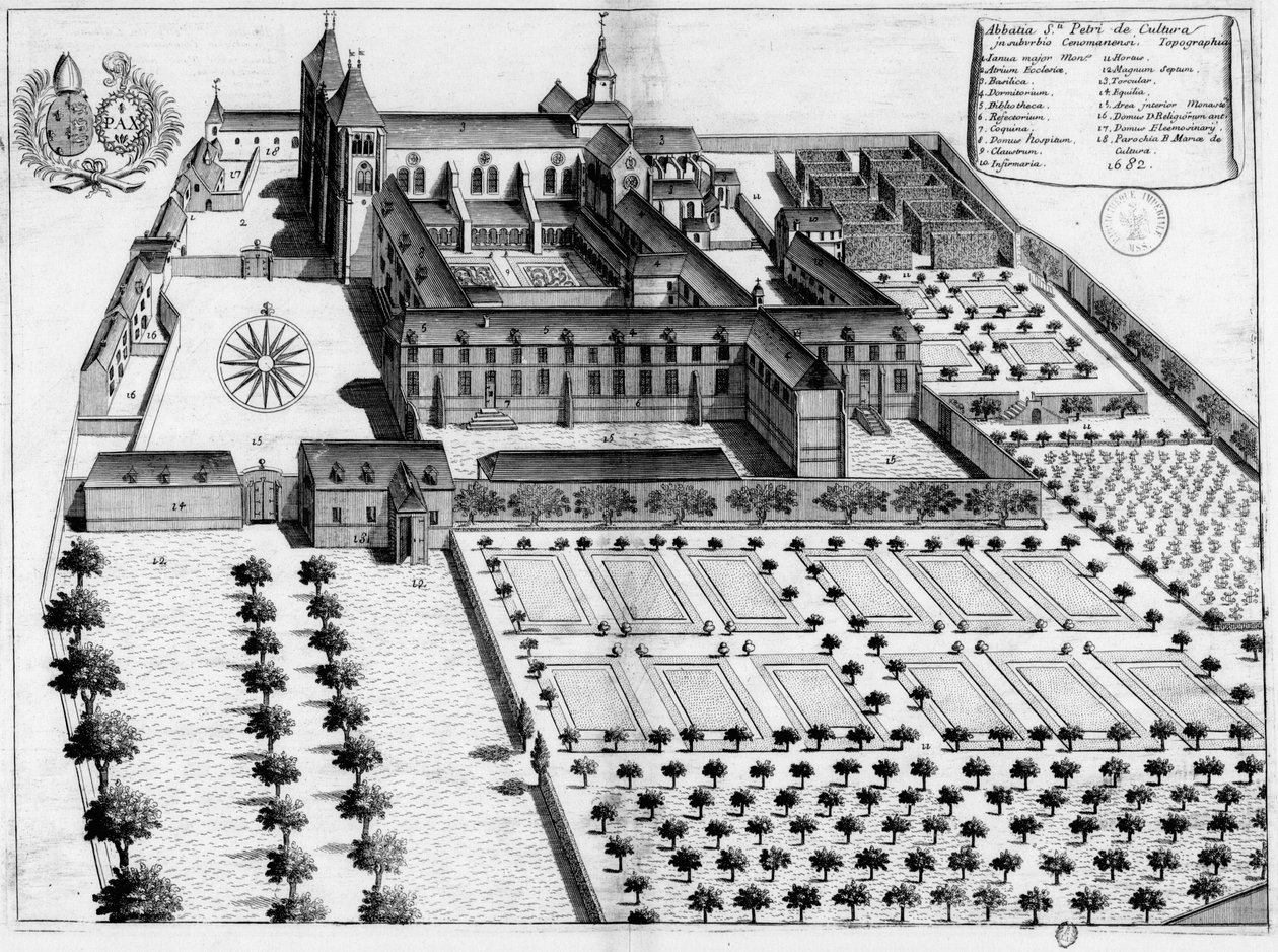 XVII-wieczna grawerowana tablica przedstawiająca opactwo Saint-Pierre de la Couture w Le Mans, autorstwa Michel Germain