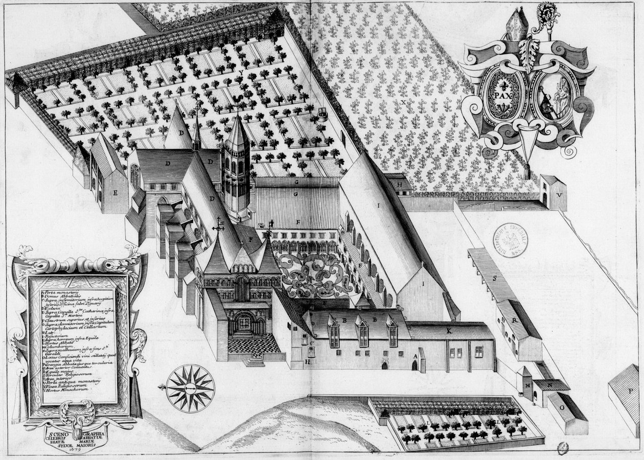 XVII-wieczna grawerowana tablica przedstawiająca opactwo La Sauve-Majeure we Francji, z księgi Monasticon Gallicanum autorstwa Michel Germain