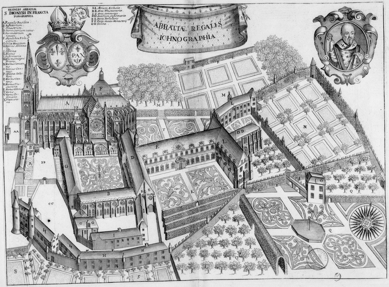XVII-wieczna grawerowana tablica przedstawiająca opactwo Saint-Denis we Francji, w księdze Monasticon Gallicanum autorstwa Michel Germain
