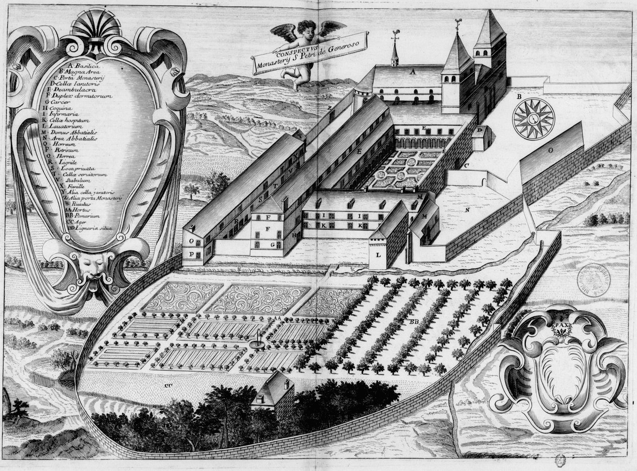XVII-wieczna rycina przedstawiająca opactwo Saint-Pé-de-Bigorre, w książce Monasticon Gallicanum autorstwa Michel Germain