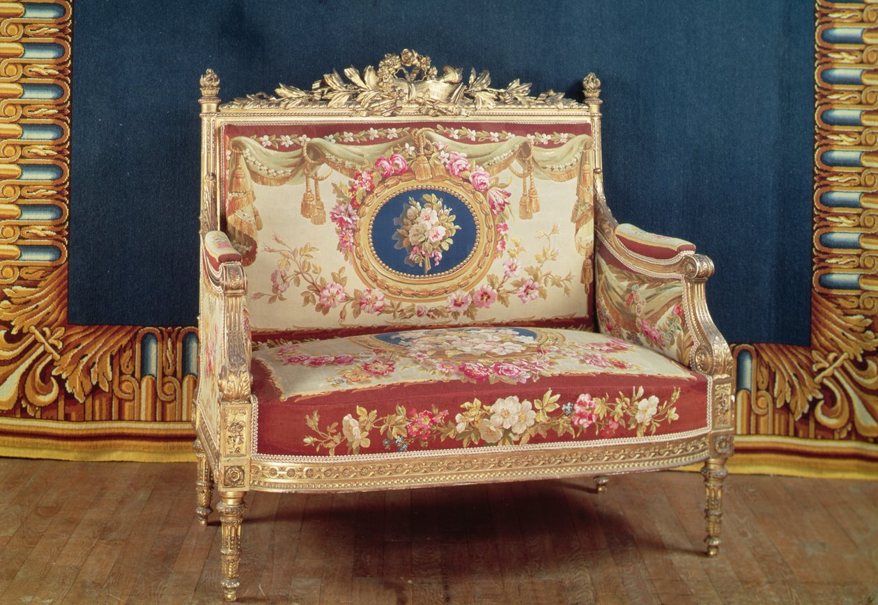 Fotel miłosny w stylu Ludwika XVI do salonu Chateau de Saint-Cloud, 1855 (drewno i gobelin) autorstwa Michel Victor Cruchet
