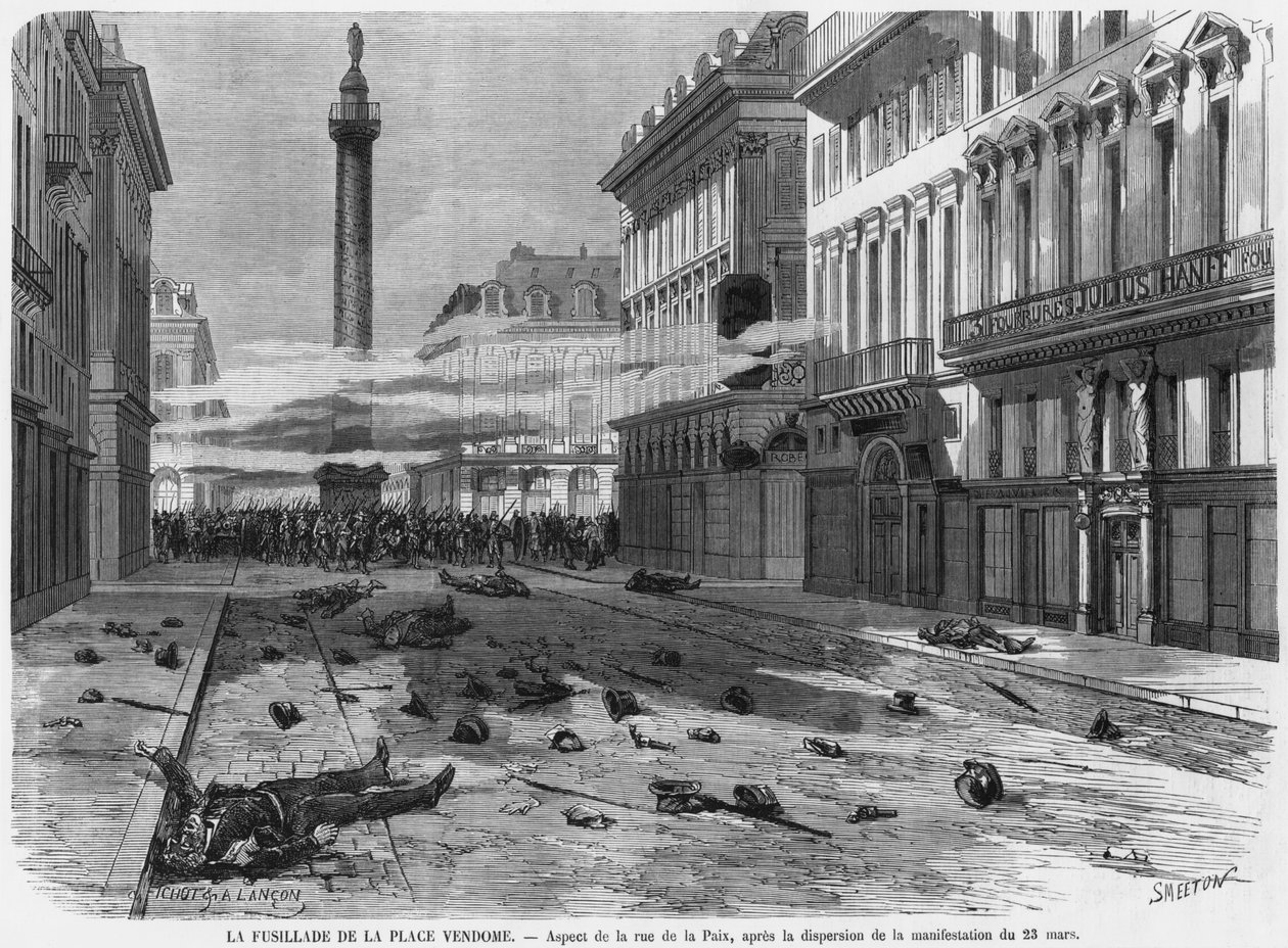 Strzelanie z Place Vendome, po rozpędzeniu demonstracji na rue de la Paix, Paryż, rycina Burn Smeeton (fl.1840-60) 23 marca 1871 autorstwa Michel and Lancon, Auguste Fichot