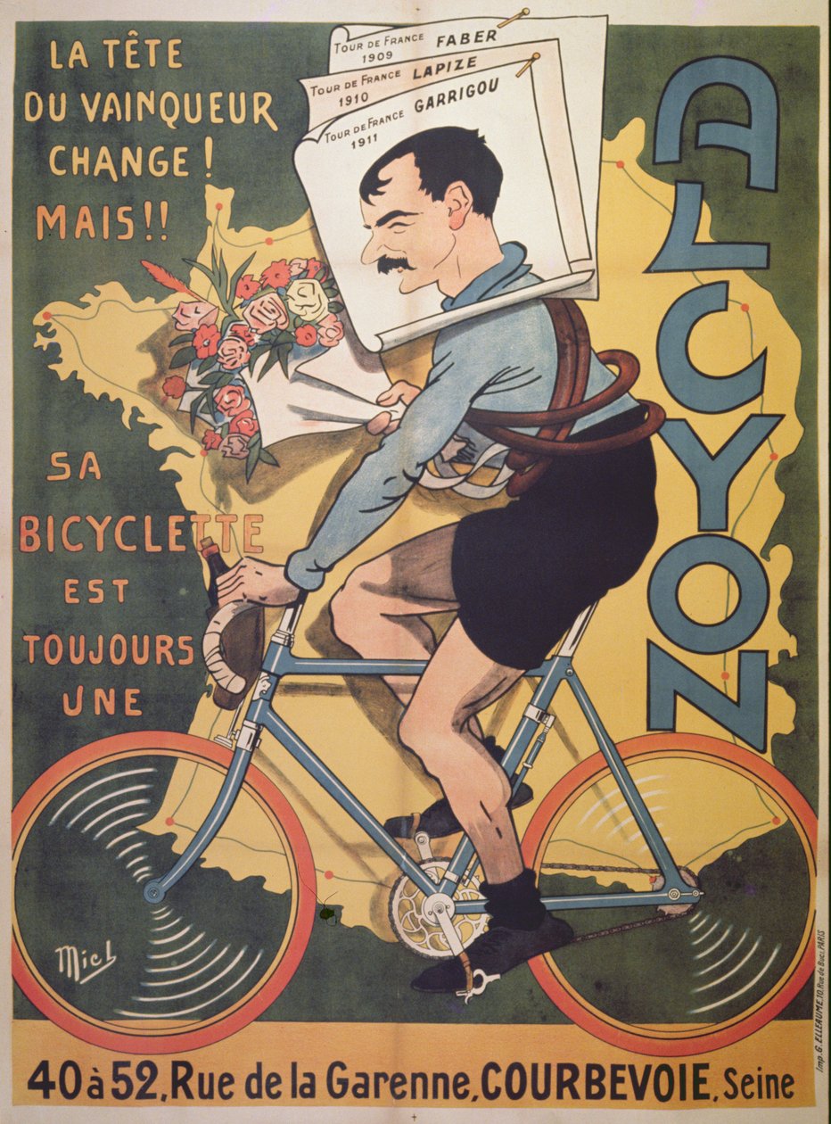 Plakat reklamujący cykle „Alcyon” ze zwycięzcami Tour de France Faber (1909), Lapize (1910), Garrigou (1911) 1911 autorstwa Michel Liebeaux