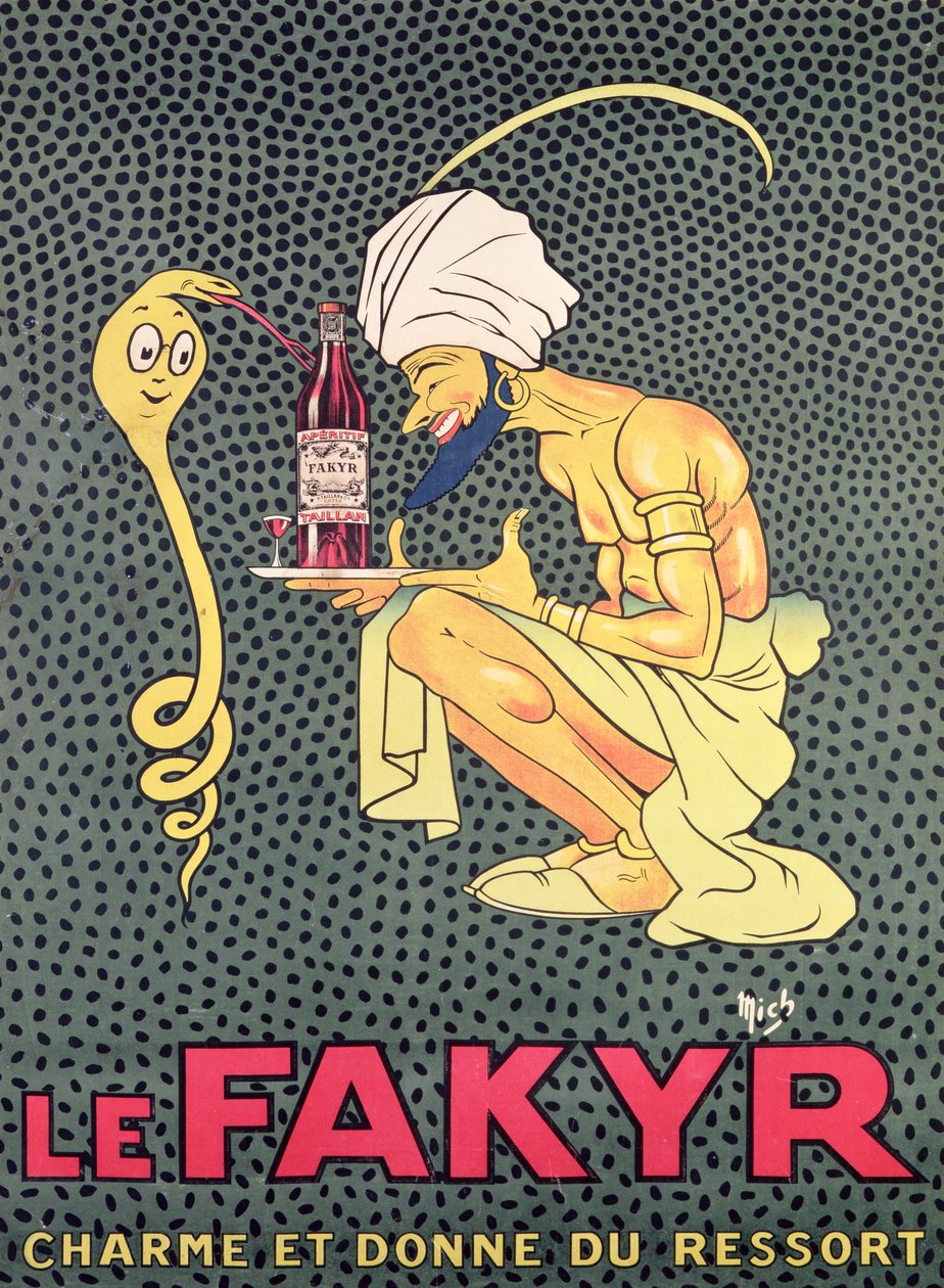 Fakyr: zaklinacz i dawca ducha, reklama aperitifu "Fakyr" (rycina ręcznie kolorowana) autorstwa Michel Liebeaux