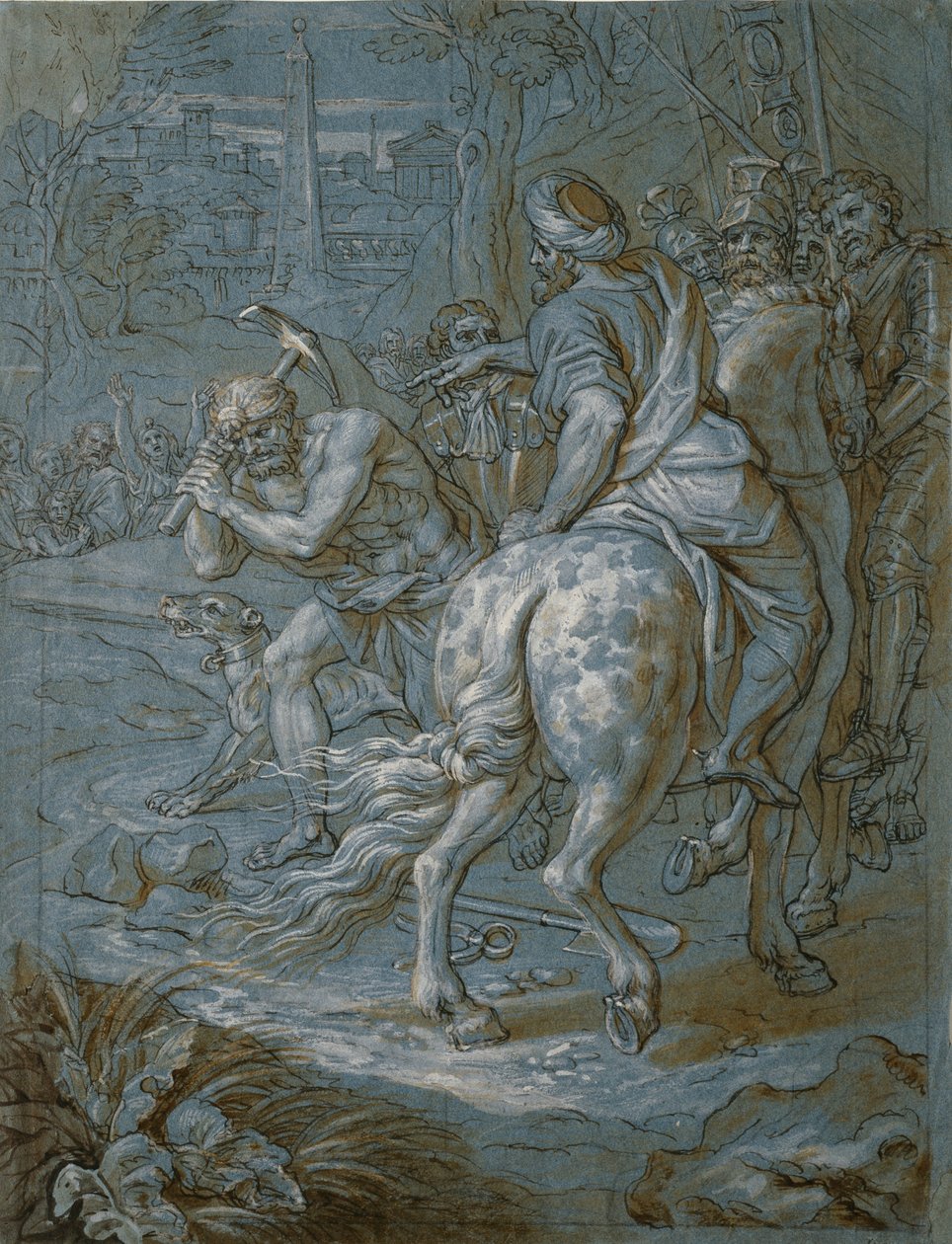 Przełom dla wzniesienia krzyża, ok. 1680 (pióro i brązowy tusz z wash i gwasz na papierze) autorstwa Michel des Gobelins Corneille
