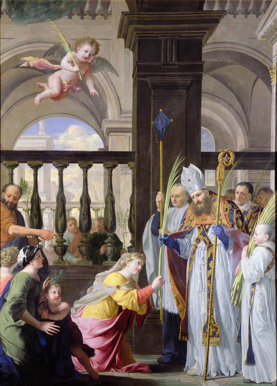 Św. Genevieve otrzymuje palmę od św. Medarda w Niedzielę Palmową autorstwa Michel des Gobelins Corneille