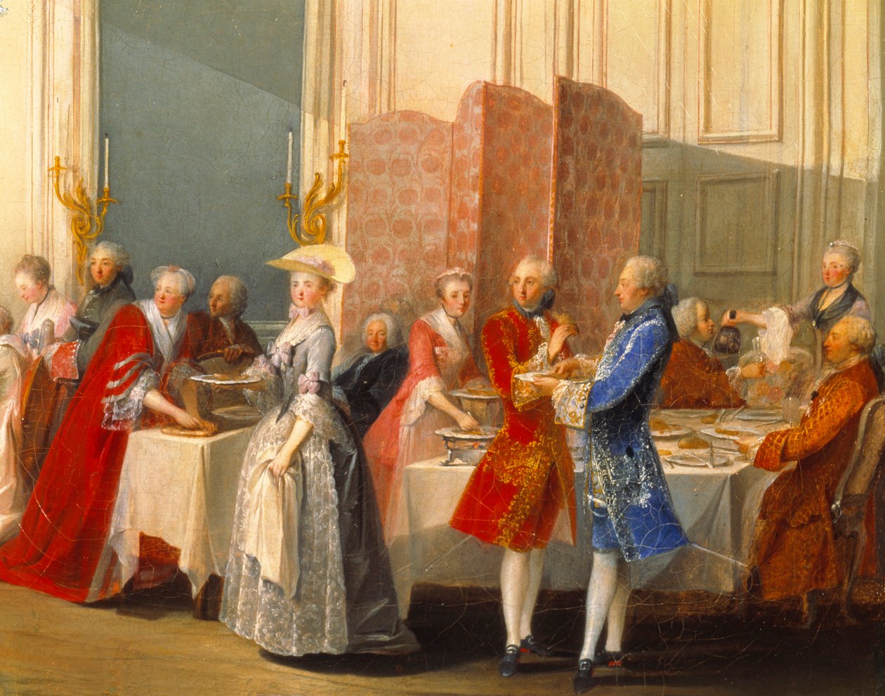 Bufet z gośćmi przy ekranie. Szczegóły „” Le The a l”Anglika serwowanego w Salon des Quatre-Glaces autorstwa Michel Barthelemy Ollivier or Olivier