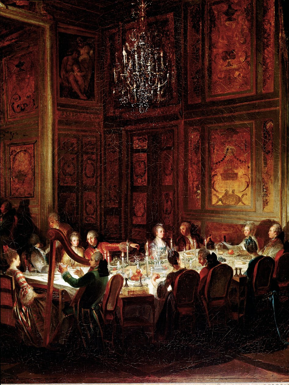 Kolacja księcia Ludwika Francois de Conti, Pałac Świątyni”” Szczegół. Obraz Michela Barthelemy Olliviera (1712-1784) 1766 Nd. 0,56x0,71 Wersal, musee du cheau autorstwa Michel Barthelemy Ollivier or Olivier