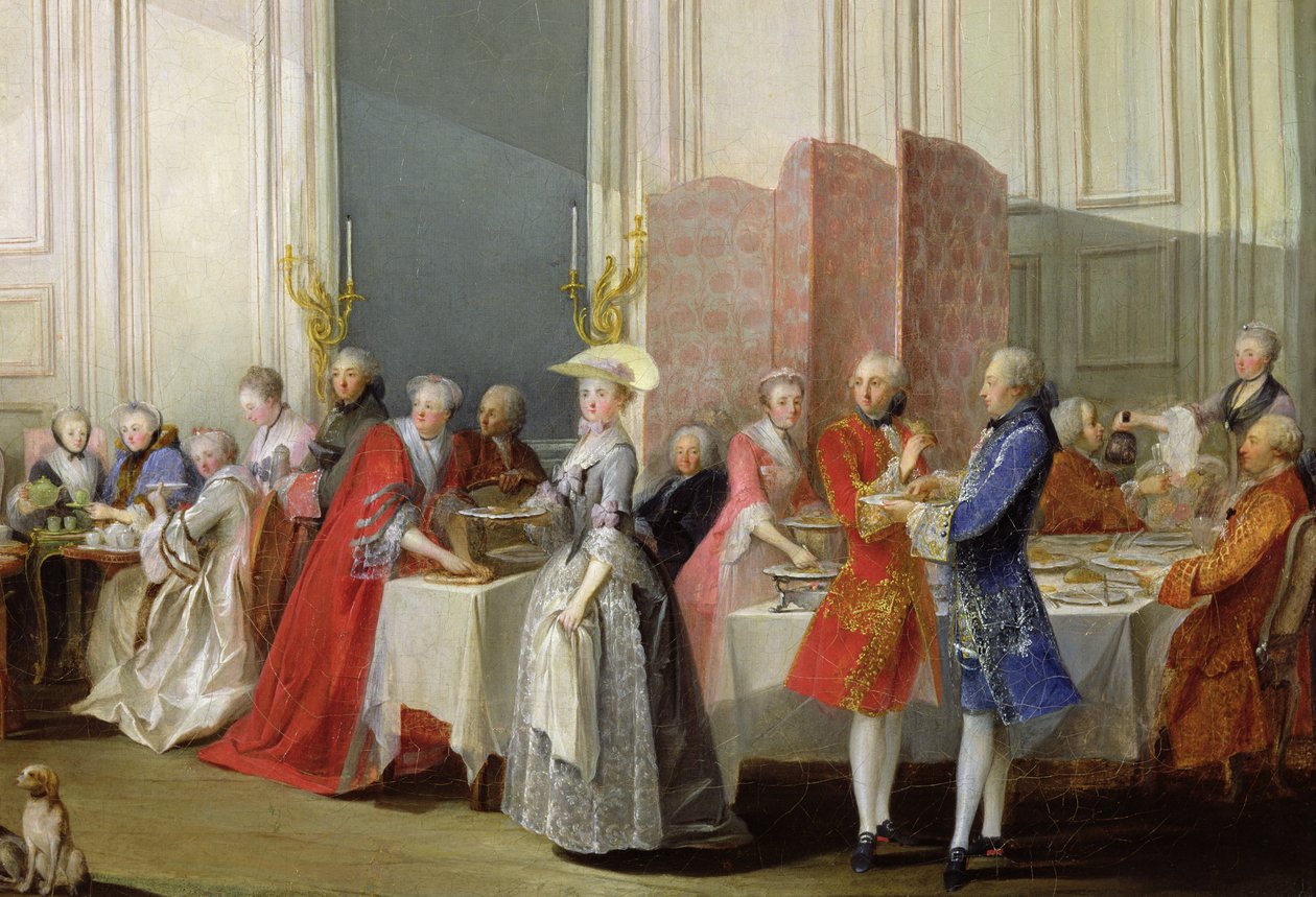 Herbata angielska w Salon des Quatre Glaces w domu księcia de Conti (1717-76) Palais du Temple, szczegóły dotyczące gości, 1766 r. autorstwa Michel Barthelemy Ollivier or Olivier