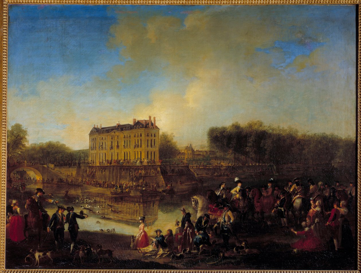 Jeleń złowiony w wodzie przed Chateau de l