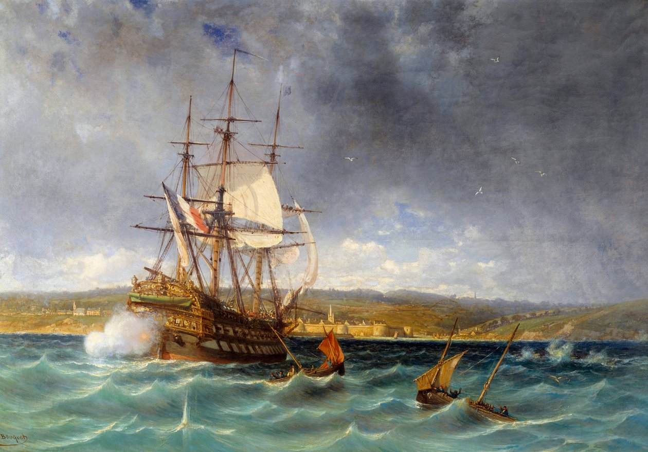 Weteran wchodzący do portu Concarneau Detal. Obraz Michela Bouqueta (1807-1890) Brześć z XIX wieku, Musee des Beaux Arts autorstwa Michel Bouquet