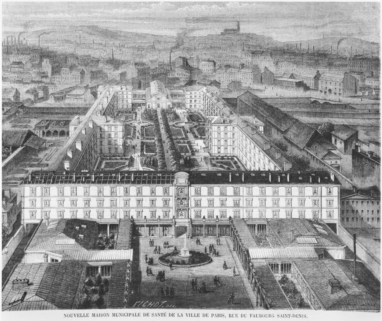 Obecny szpital Fernand Widal, Paryż, ilustracja z "Le Monde Illustre", 1867 r. autorstwa Michel Charles Fichot