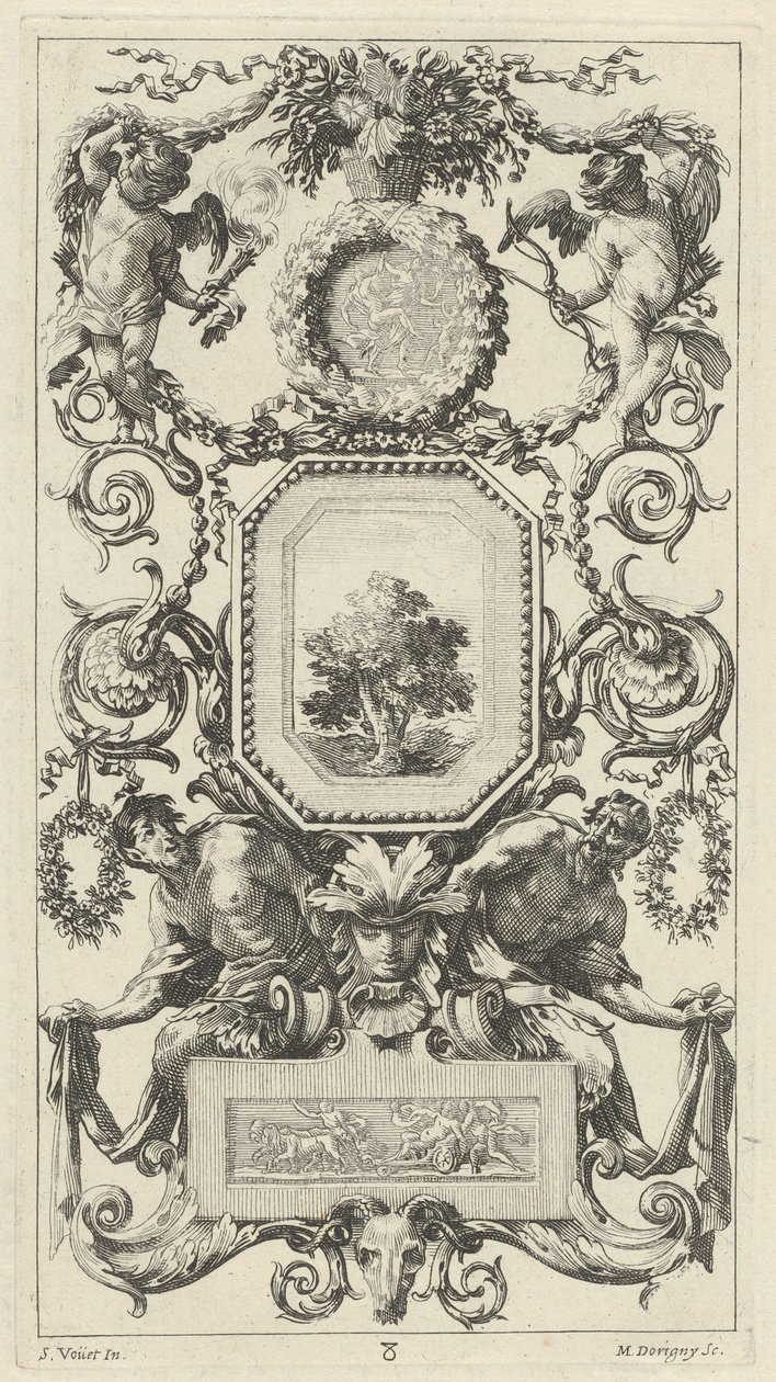 Ozdobny panel zwieńczony koszem kwiatów z kupidynem i błoną dziewiczą autorstwa Michel Dorigny, after Simon Vouet