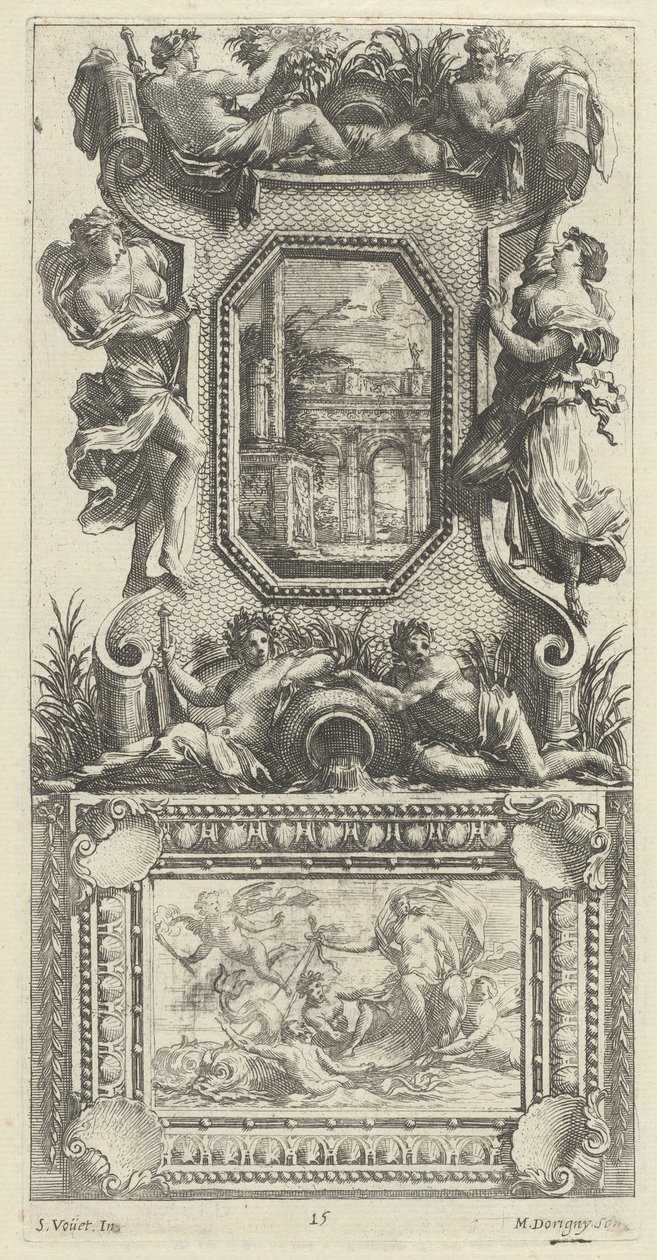 Ozdobny panel zwieńczony najady i rzecznego boga autorstwa Michel Dorigny, after Simon Vouet